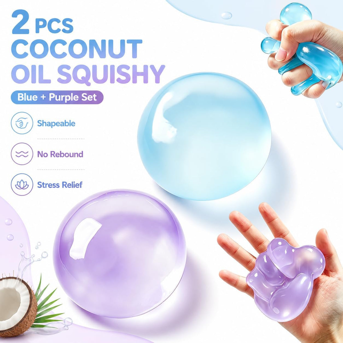 Squishy Stress Balls 2 Pcs Coconut Oil Non-Sticky Slow Rising Squeeze Ball.