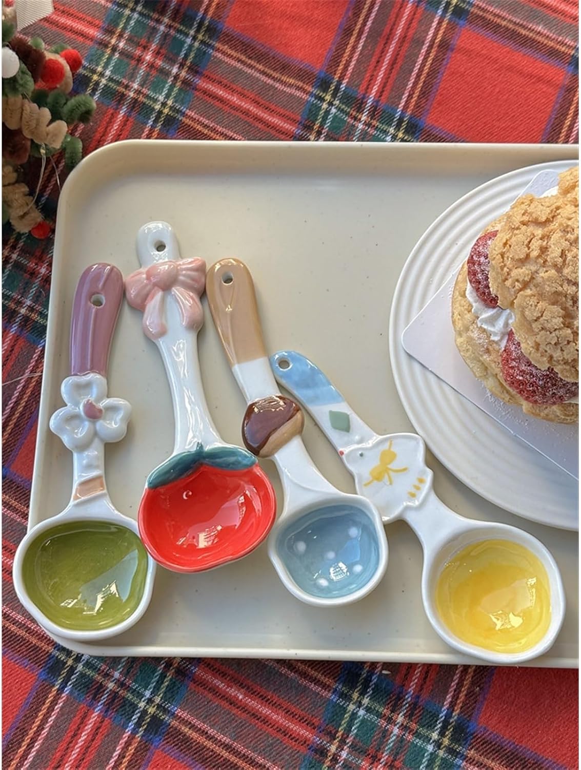 Cooking Spoons Set of 2 Mini Cute Ceramic Spoon Wide Handle Tea Spoon Coffee Spoon Sugar Spoon Flower Decoration Spoons Table Spoons(Pink)