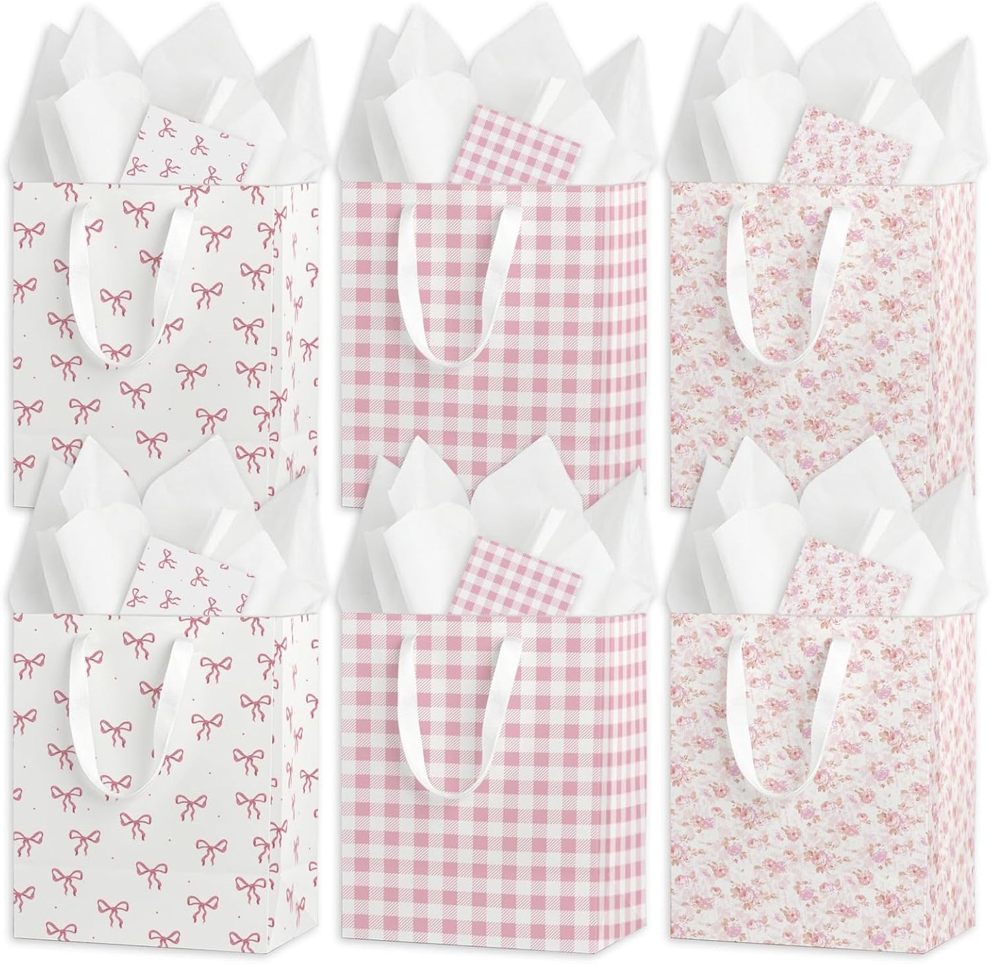 Coquette Charm Pink Bow Gift Bags Set of 6 - Medium Sized 9" Bags with Handles incl. Matching Tissue Paper, Cards in Pink for Girl- Reusable & For Presents of Any Birthday, Weddings，Bridal Shower