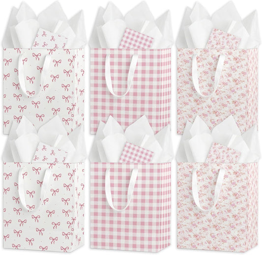 Coquette Charm Pink Bow Gift Bags Set of 6 - Medium Sized 9" Bags with Handles incl. Matching Tissue Paper, Cards in Pink for Girl- Reusable & For Presents of Any Birthday, Weddings，Bridal Shower