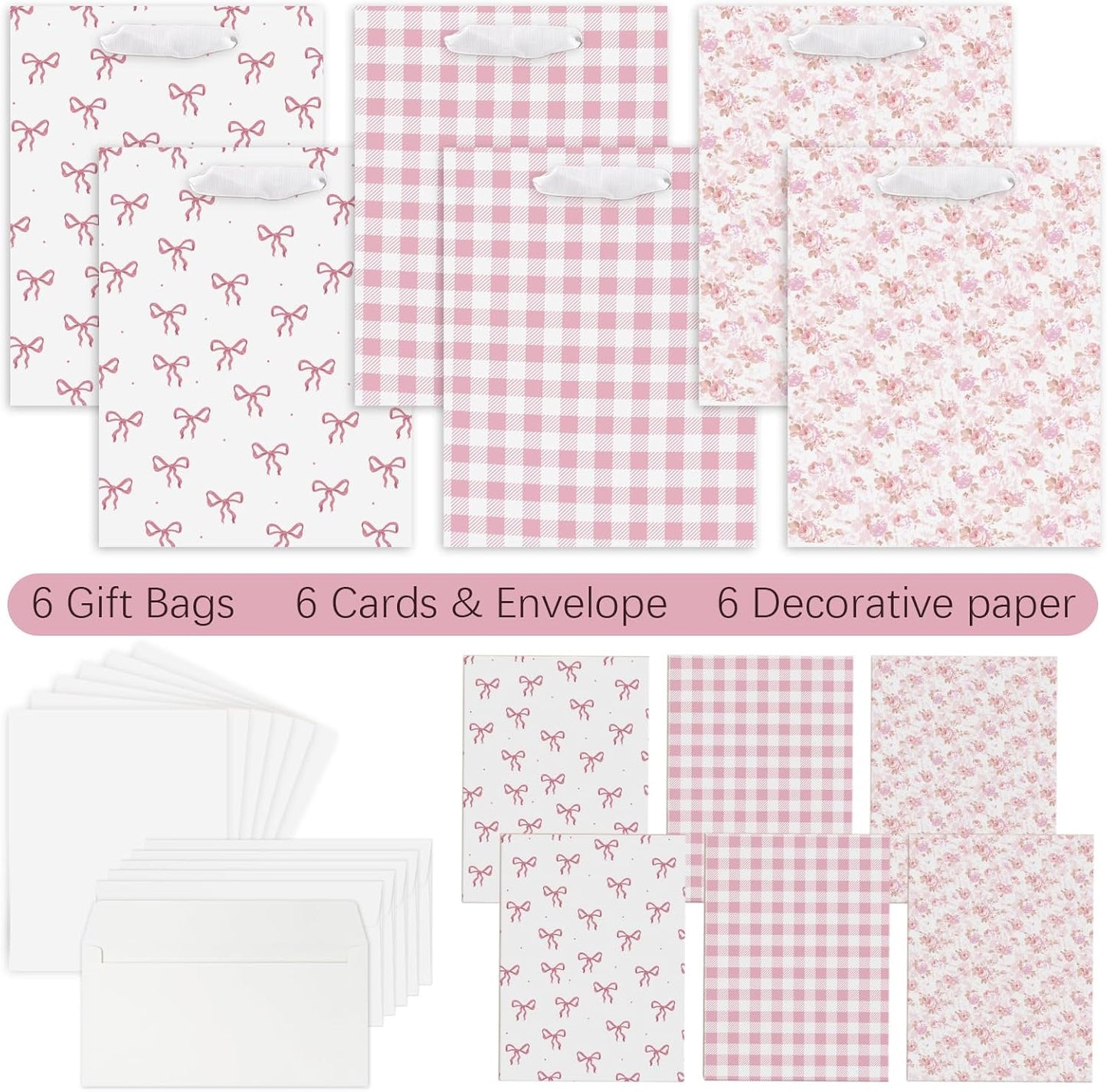 Coquette Charm Pink Bow Gift Bags Set of 6 - Medium Sized 9" Bags with Handles incl. Matching Tissue Paper, Cards in Pink for Girl- Reusable & For Presents of Any Birthday, Weddings，Bridal Shower