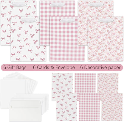 Coquette Charm Pink Bow Gift Bags Set of 6 - Medium Sized 9" Bags with Handles incl. Matching Tissue Paper, Cards in Pink for Girl- Reusable & For Presents of Any Birthday, Weddings，Bridal Shower