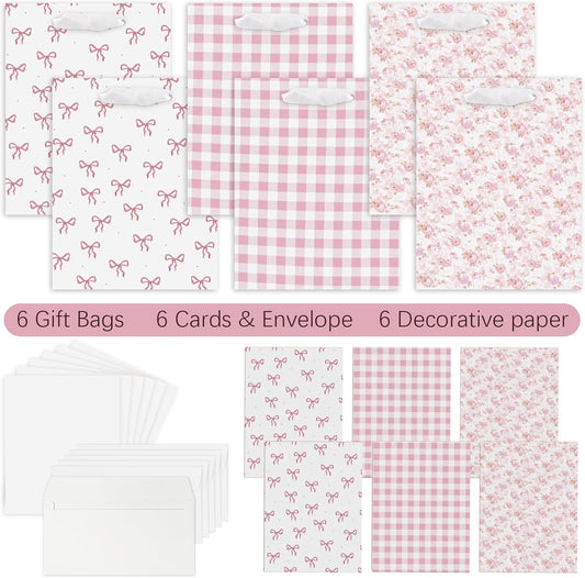 Coquette Charm Pink Bow Gift Bags Set of 6 - Medium Sized 9" Bags with Handles incl. Matching Tissue Paper, Cards in Pink for Girl- Reusable & For Presents of Any Birthday, Weddings，Bridal Shower