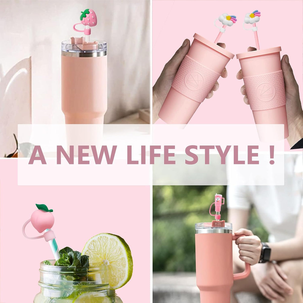 4 Pcs Pink Straw Covers Cap Toppers Compatible with Stanley 30&40 oz Tumbler Cups,Reusable Cute Silicone Straws Tips Lids Protectors for 0.4 in/10mm Stanley Cup Accessories(4 PCS)