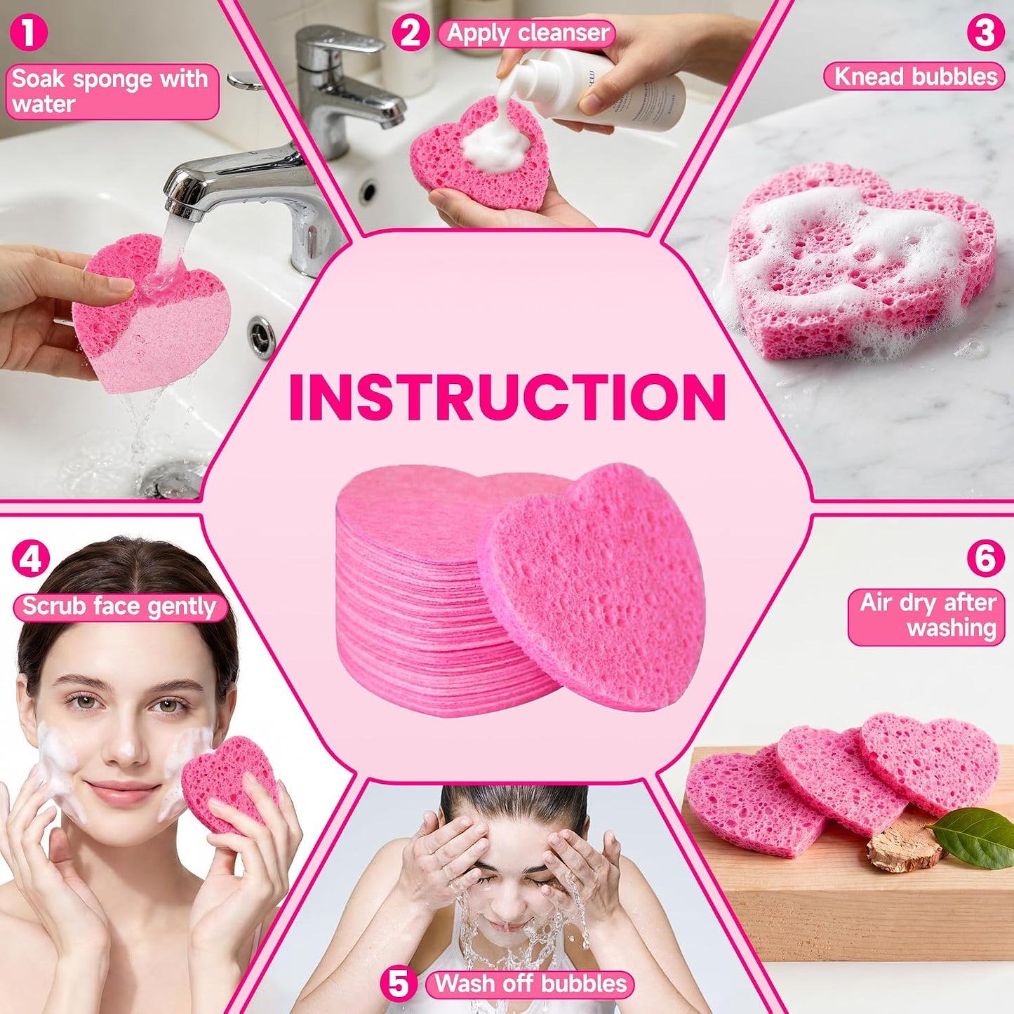 Women 120-Count Compressed Cellulose Heart Shape Face Facial Sponges 100% Natural Cosmetic Sponges for Facial Cleansing Exfoliating Mask Skin Massage (（Pink） 120 Count)