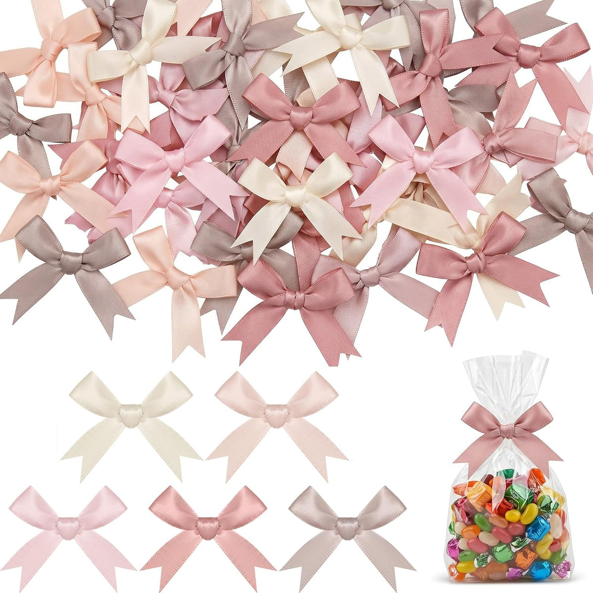 Riceshoot 100 Pcs Twist Bows, 3.5 Inch Pre-Tied Satin Ribbon