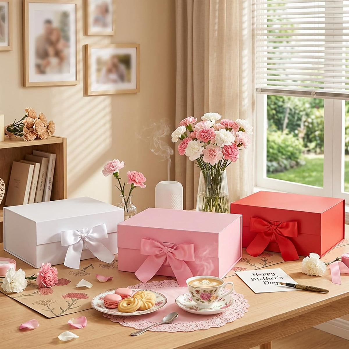 Pink Magnetic Gift Box with Lid and Ribbon 9x6.5x3.8 Inch