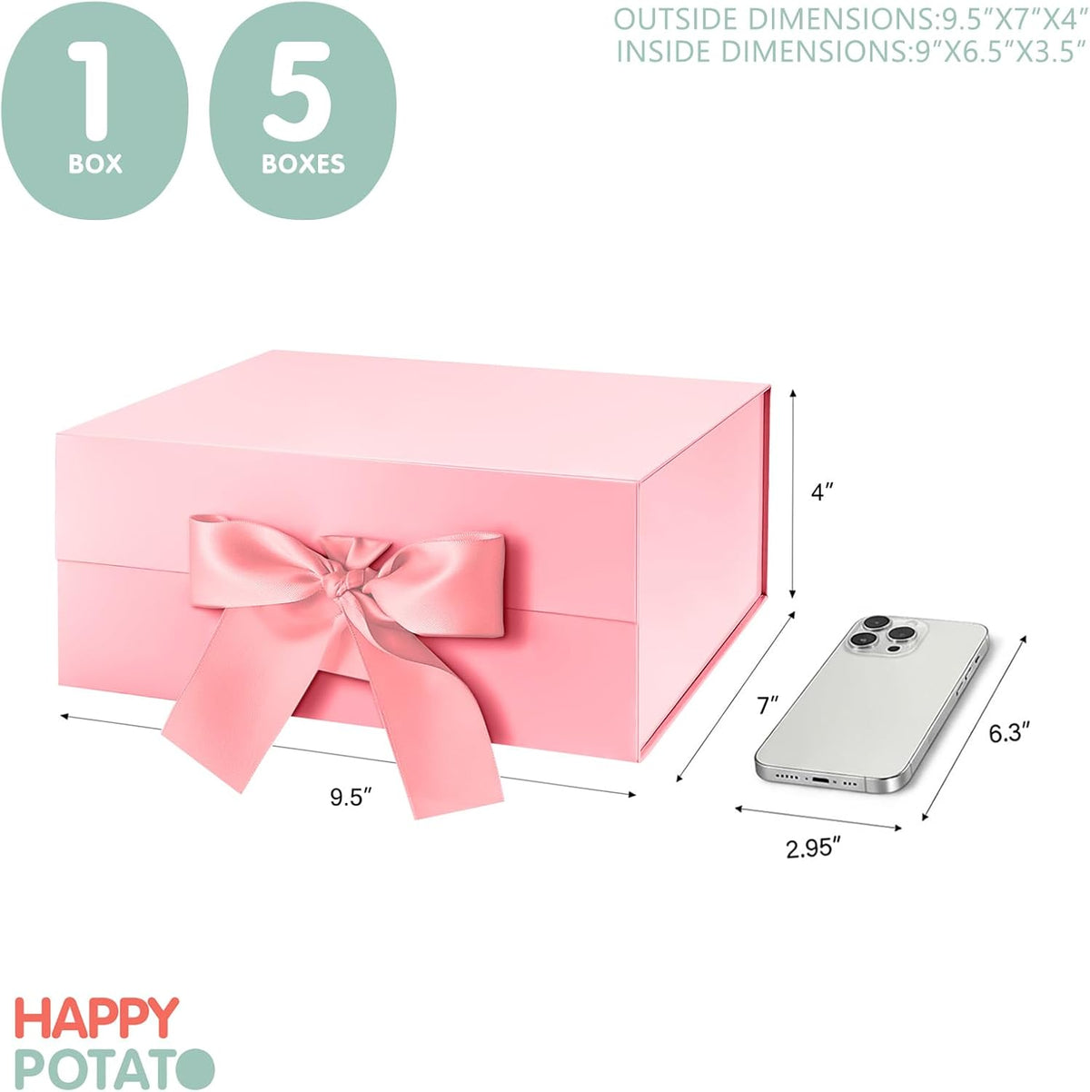 Pink Magnetic Gift Box with Lid and Ribbon 9x6.5x3.8 Inch