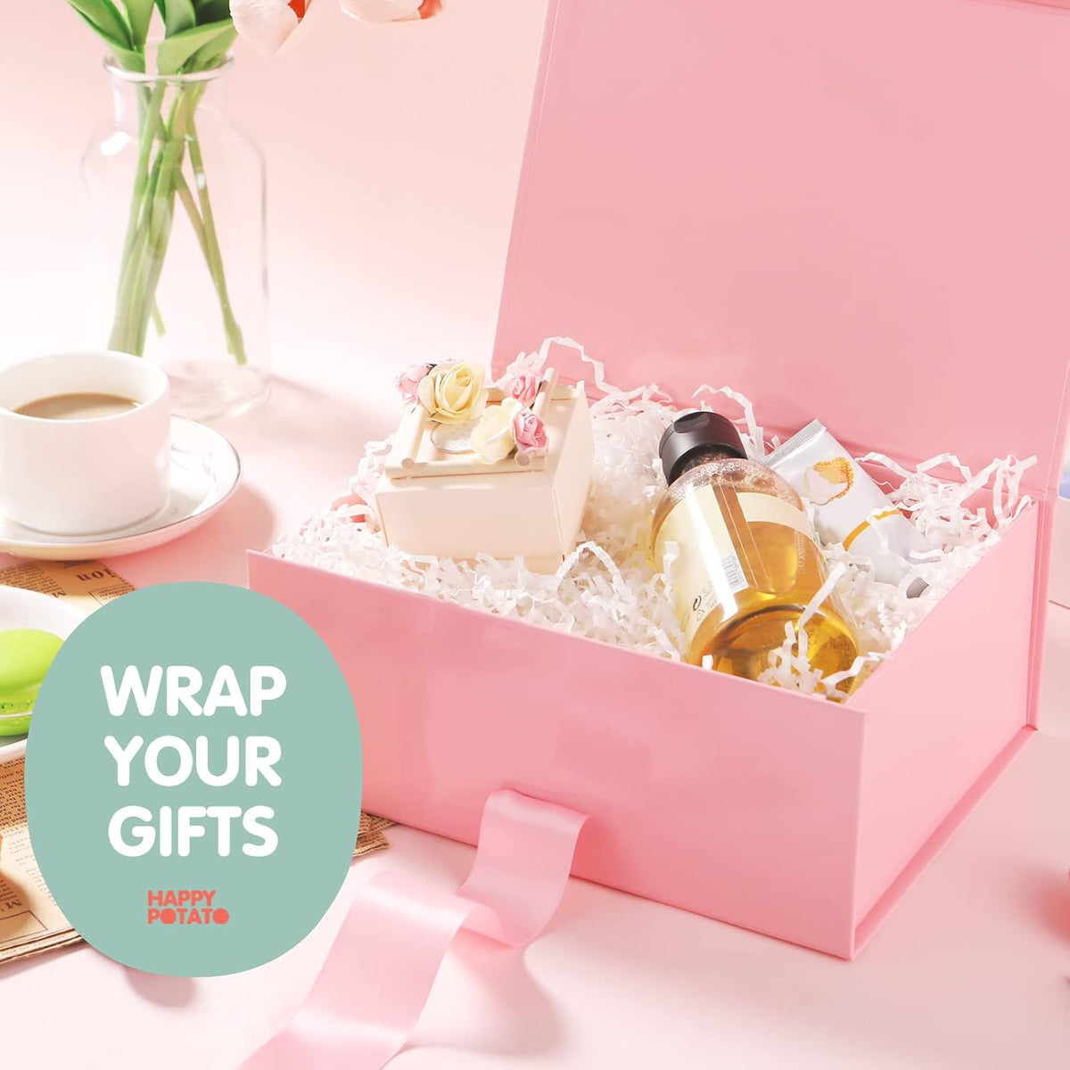 Pink Magnetic Gift Box with Lid and Ribbon 9x6.5x3.8 Inch