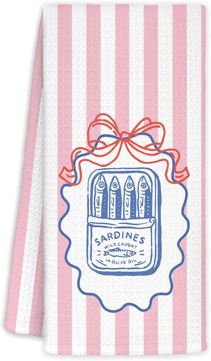Preppy Pink Bow Striped Coastal Kitchen Towels,Coquette Tinned Sardine Blue Coastal Beach Decorative Hand Dish Towels for Bathroom Kitchen,Fishing Lover Gifts,16x24 Inches