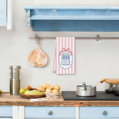Preppy Pink Bow Striped Coastal Kitchen Towels,Coquette Tinned Sardine Blue Coastal Beach Decorative Hand Dish Towels for Bathroom Kitchen,Fishing Lover Gifts,16x24 Inches
