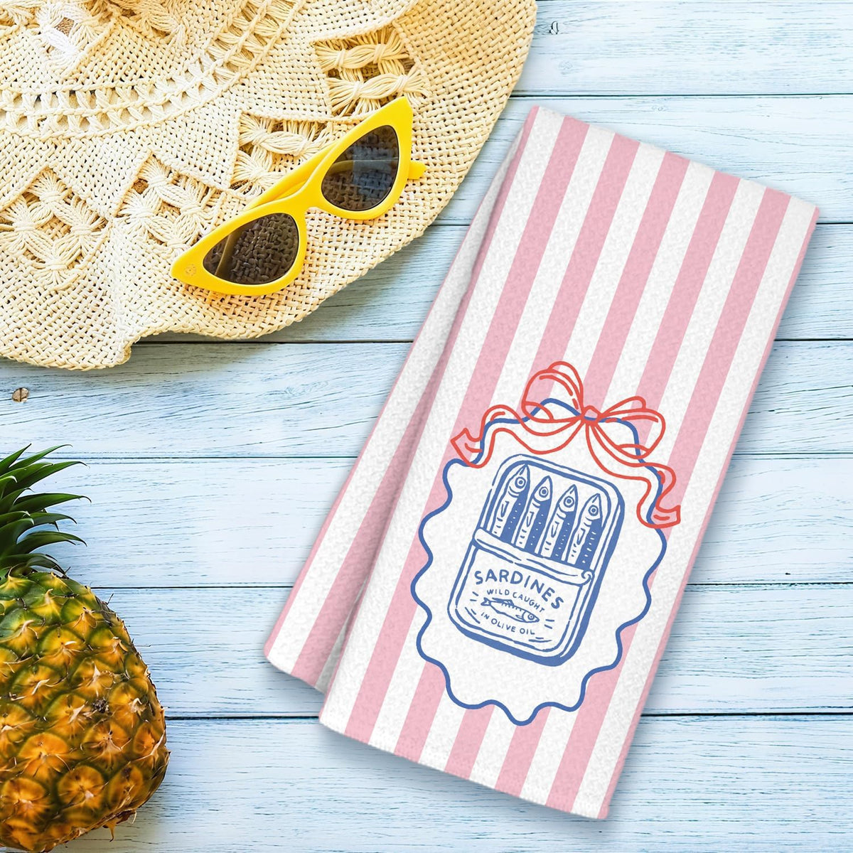 Preppy Pink Bow Striped Coastal Kitchen Towels,Coquette Tinned Sardine Blue Coastal Beach Decorative Hand Dish Towels for Bathroom Kitchen,Fishing Lover Gifts,16x24 Inches