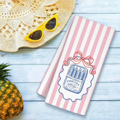 Preppy Pink Bow Striped Coastal Kitchen Towels,Coquette Tinned Sardine Blue Coastal Beach Decorative Hand Dish Towels for Bathroom Kitchen,Fishing Lover Gifts,16x24 Inches