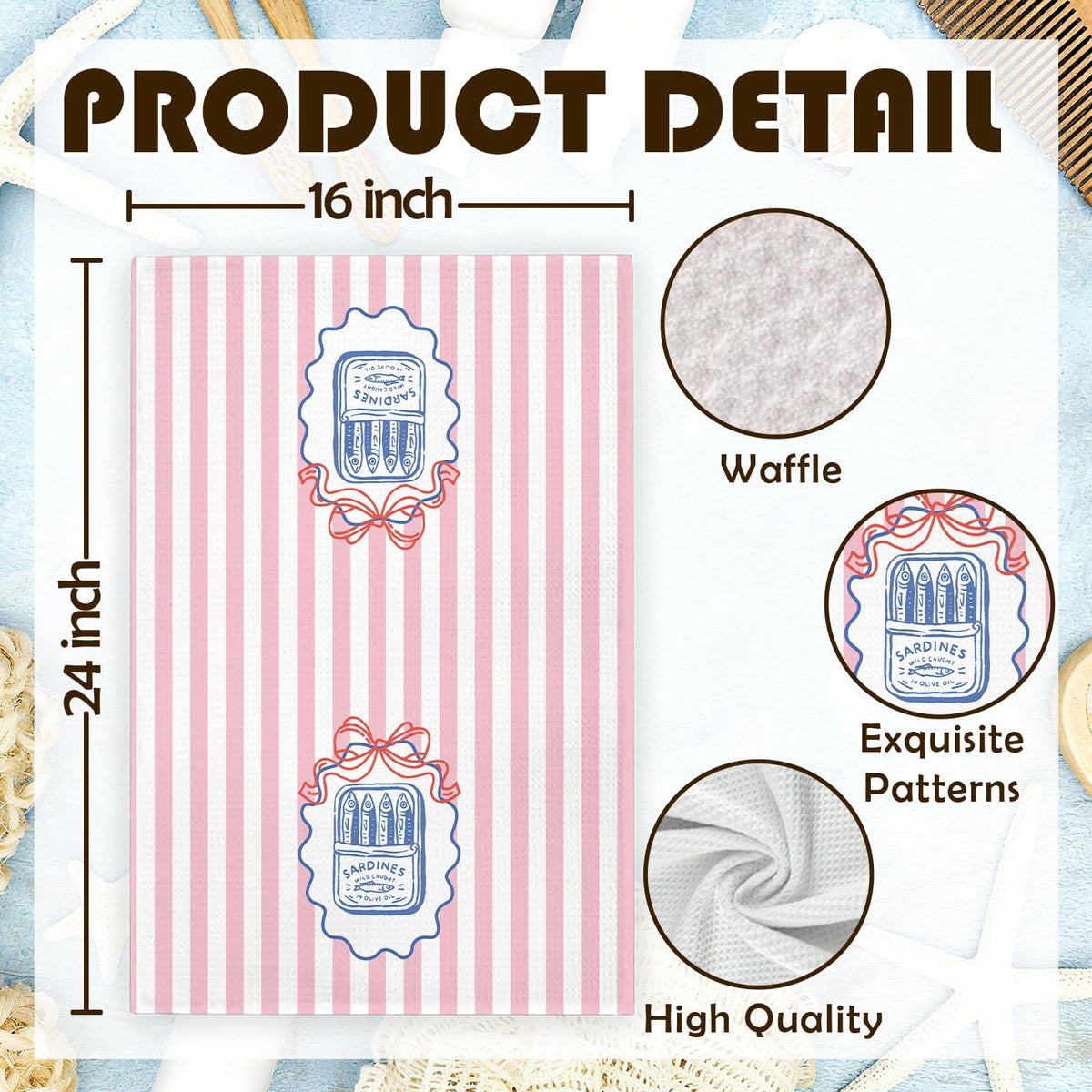 Preppy Pink Bow Striped Coastal Kitchen Towels,Coquette Tinned Sardine Blue Coastal Beach Decorative Hand Dish Towels for Bathroom Kitchen,Fishing Lover Gifts,16x24 Inches