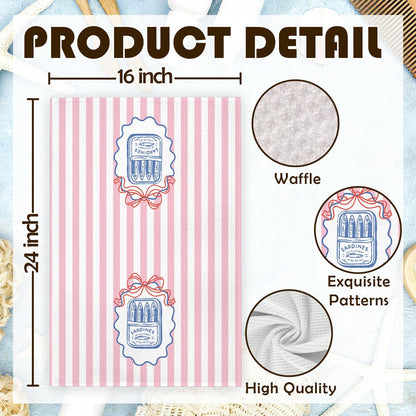 Preppy Pink Bow Striped Coastal Kitchen Towels,Coquette Tinned Sardine Blue Coastal Beach Decorative Hand Dish Towels for Bathroom Kitchen,Fishing Lover Gifts,16x24 Inches