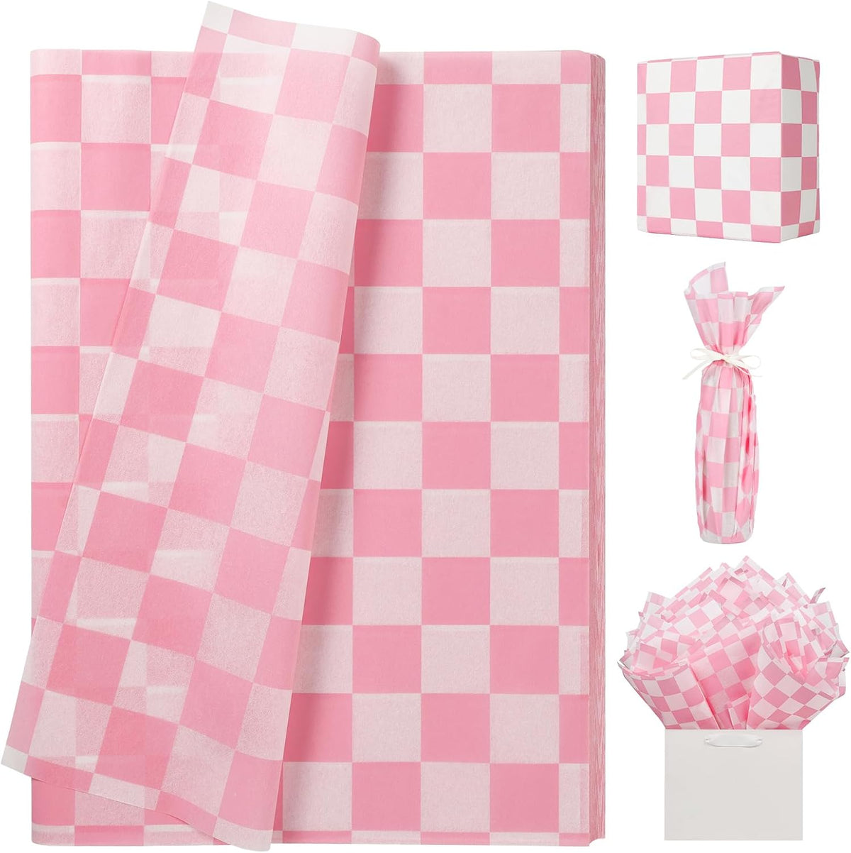 120 Sheets Checkered Tissue Paper, Dusty Pink Gift Wrapping Paper, Boho Tissue Paper, Art Craft Paper for DIY Crafts Wedding Birthday Baby Shower Party Decorations, 20x 14 Inch