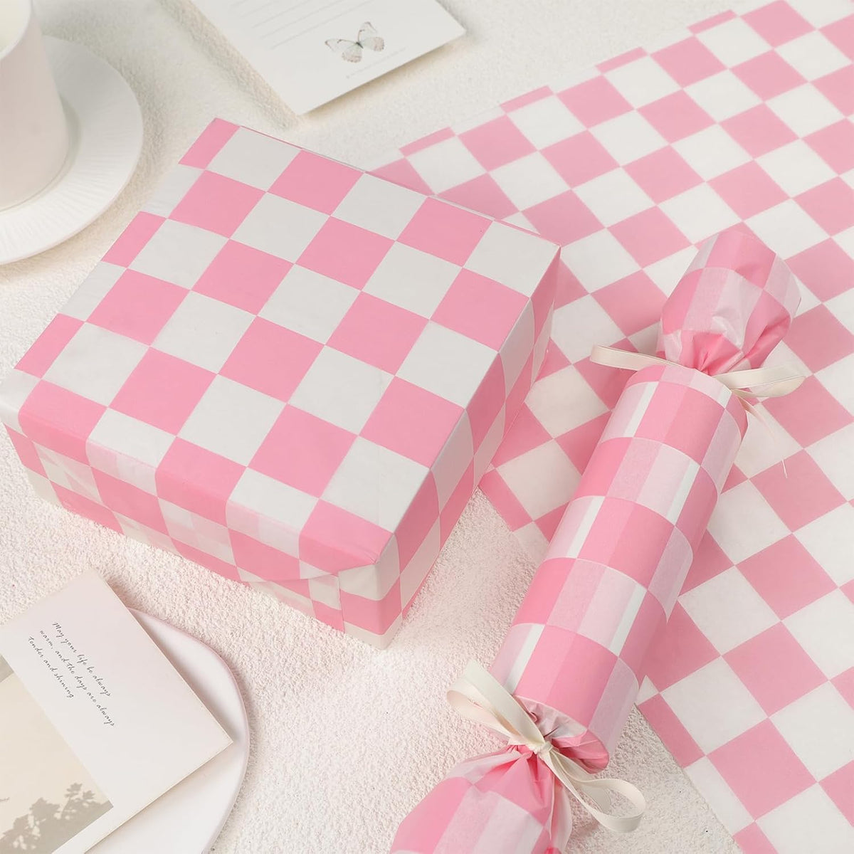 120 Sheets Checkered Tissue Paper, Dusty Pink Gift Wrapping Paper, Boho Tissue Paper, Art Craft Paper for DIY Crafts Wedding Birthday Baby Shower Party Decorations, 20x 14 Inch