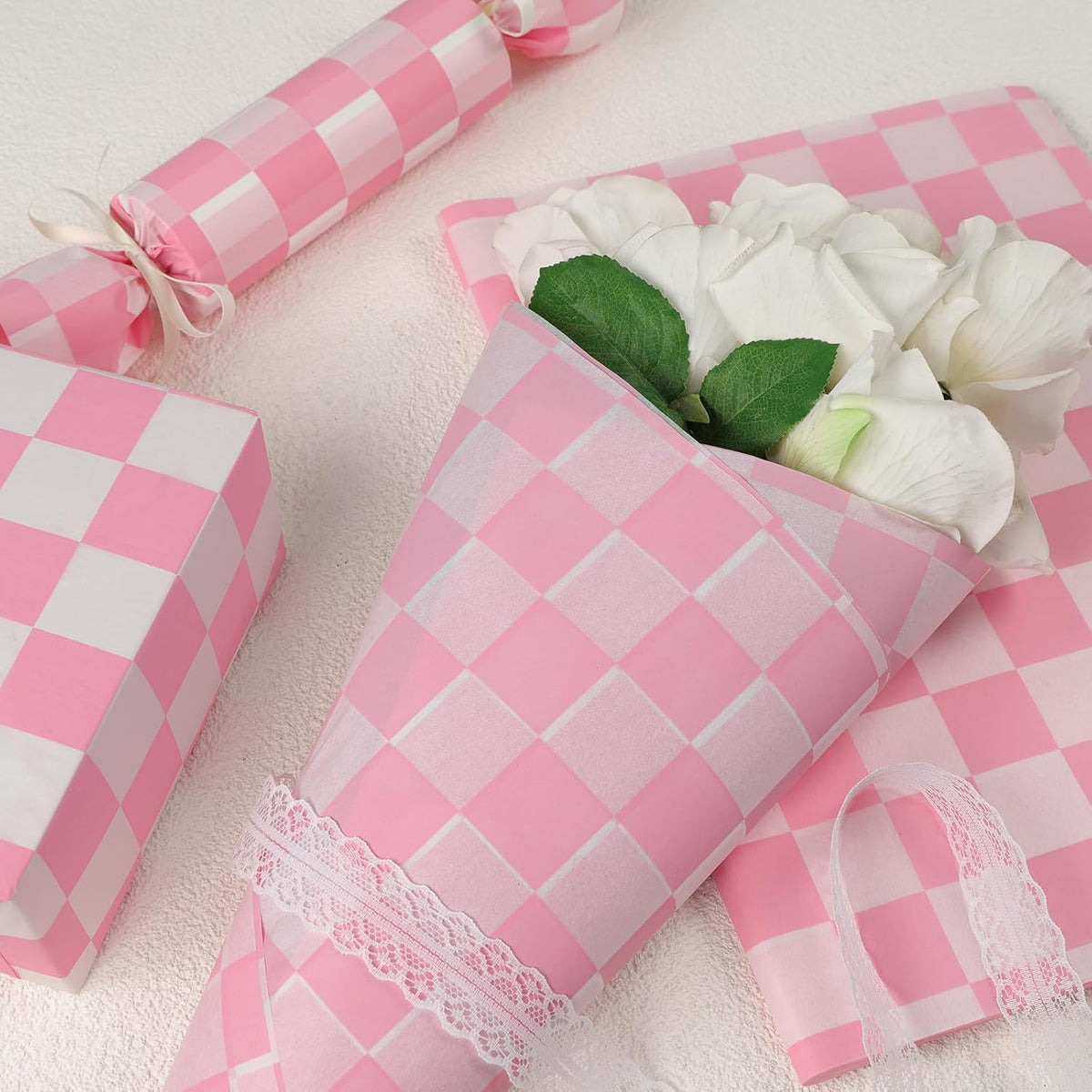 120 Sheets Checkered Tissue Paper, Dusty Pink Gift Wrapping Paper, Boho Tissue Paper, Art Craft Paper for DIY Crafts Wedding Birthday Baby Shower Party Decorations, 20x 14 Inch
