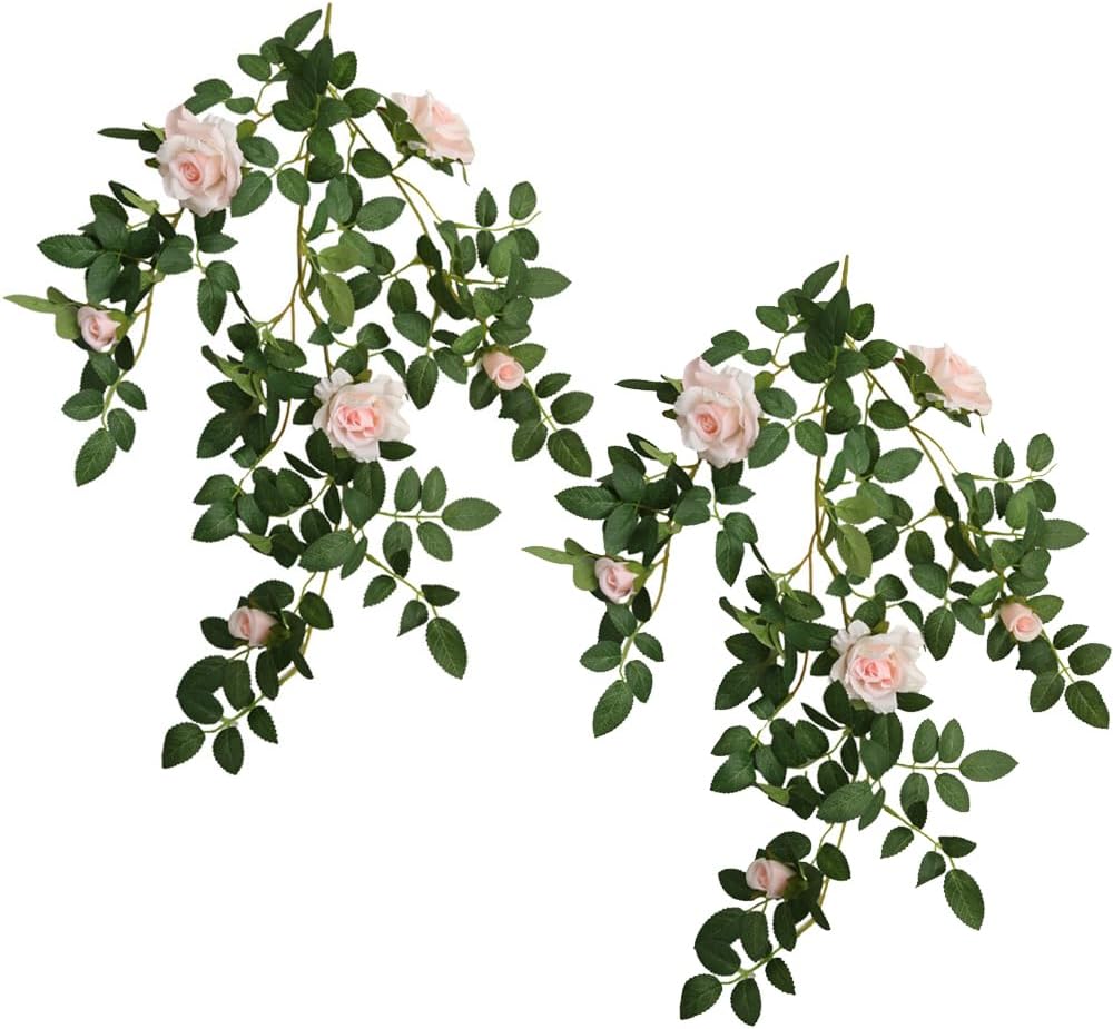 Artificial Hanging Rose Flowers, 2pcs Fake Rose Vine Plants Silk Flower Garland for Home Room Garden Wedding Indoor Outdoor Decoration (Light Pink)