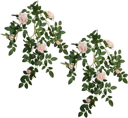 Artificial Hanging Rose Flowers, 2pcs Fake Rose Vine Plants Silk Flower Garland for Home Room Garden Wedding Indoor Outdoor Decoration (Light Pink)