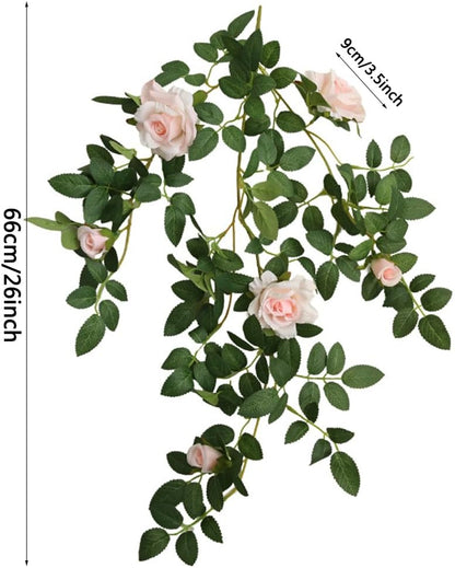 Artificial Hanging Rose Flowers, 2pcs Fake Rose Vine Plants Silk Flower Garland for Home Room Garden Wedding Indoor Outdoor Decoration (Light Pink)