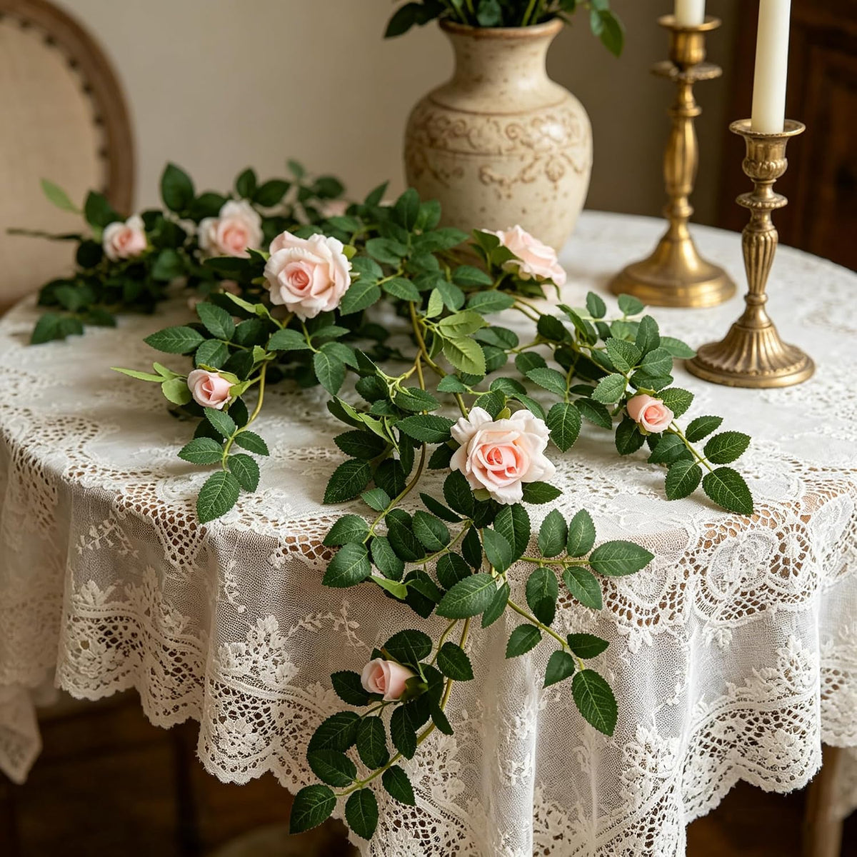 Artificial Hanging Rose Flowers, 2pcs Fake Rose Vine Plants Silk Flower Garland for Home Room Garden Wedding Indoor Outdoor Decoration (Light Pink)
