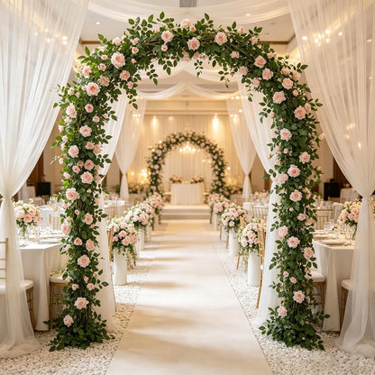 Artificial Hanging Rose Flowers, 2pcs Fake Rose Vine Plants Silk Flower Garland for Home Room Garden Wedding Indoor Outdoor Decoration (Light Pink)