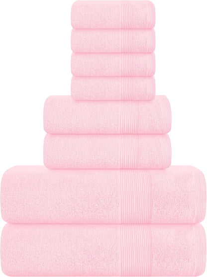 8 Piece Towel Set 100% Ring Spun Cotton, 2 Bath Towels 27x54, 2 Hand Towels 16x28 and 4 Washcloths 13x13 - Ultra Soft Highly Absorbent Machine Washable Hotel Spa Quality - Pink