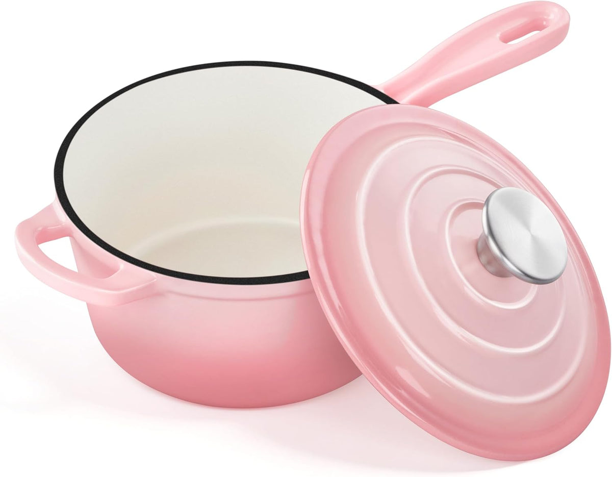 2 Quart Enameled Cast Iron Sauce Pan, Cookware Cooking Pots, Pink
