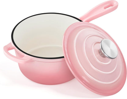 2 Quart Enameled Cast Iron Sauce Pan, Cookware Cooking Pots, Pink