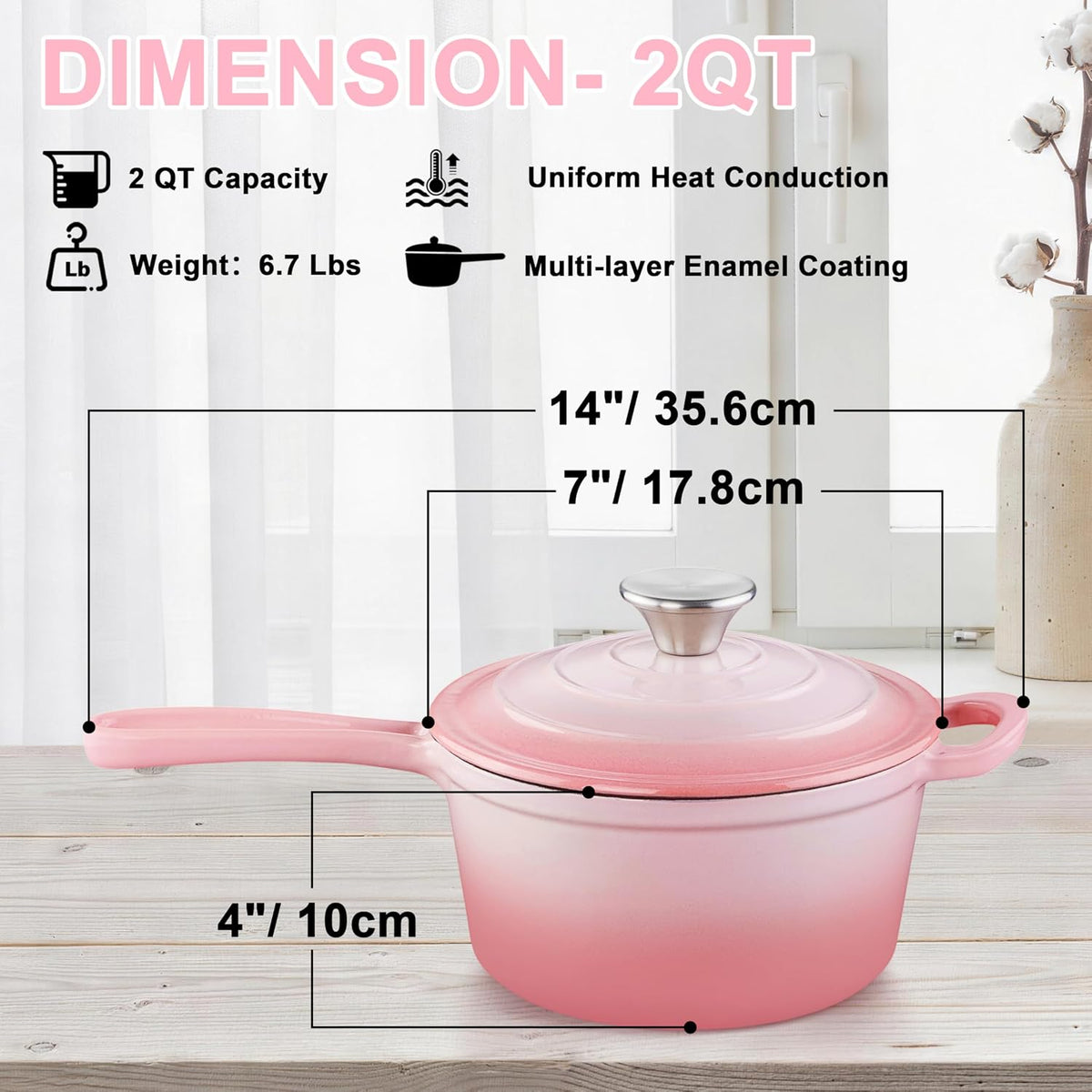2 Quart Enameled Cast Iron Sauce Pan, Cookware Cooking Pots, Pink