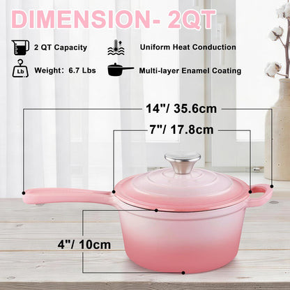 2 Quart Enameled Cast Iron Sauce Pan, Cookware Cooking Pots, Pink