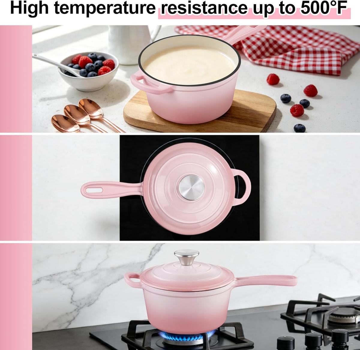 2 Quart Enameled Cast Iron Sauce Pan, Cookware Cooking Pots, Pink