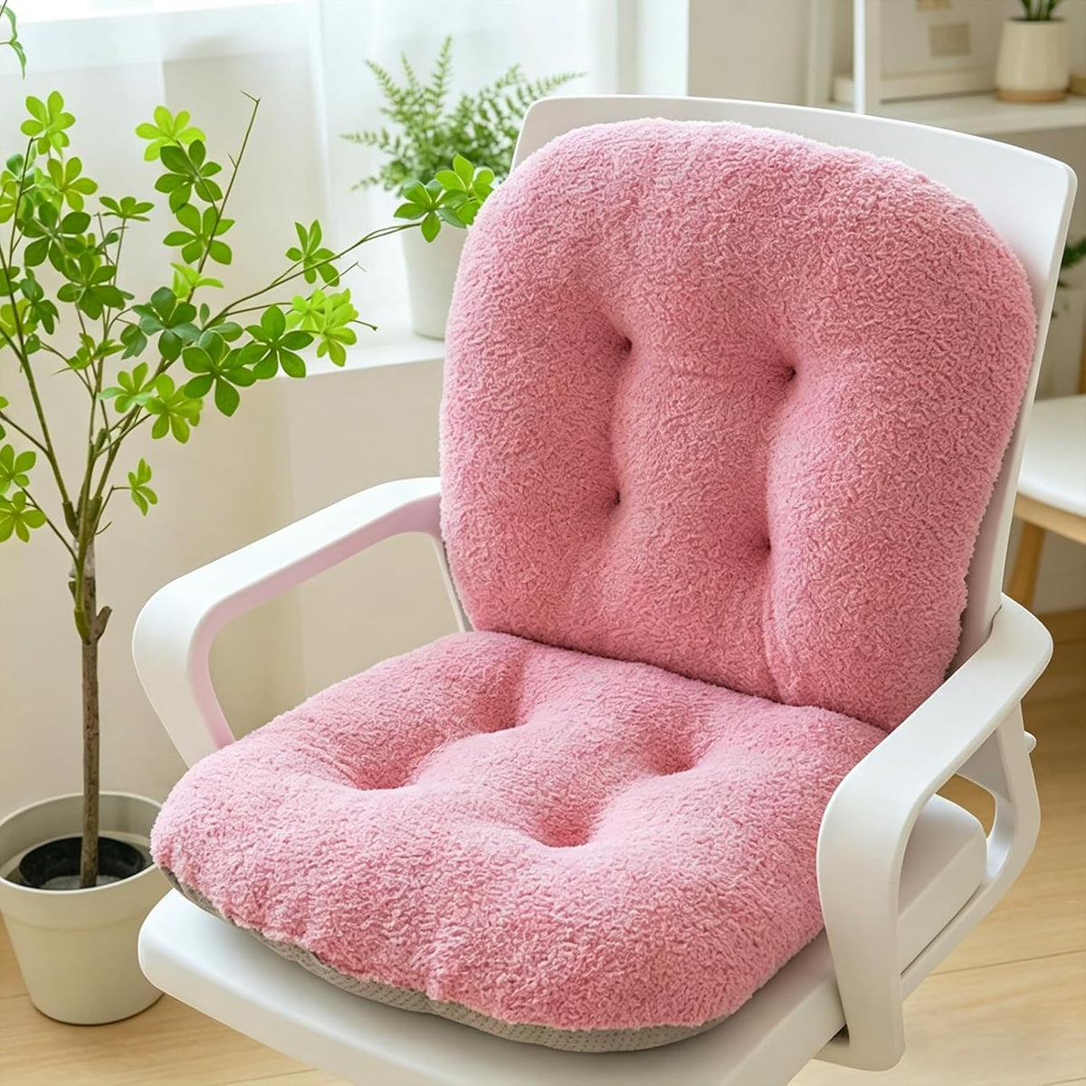 Pink Chair Cushion Non-Slip Desk Chair Cushions with Back Support Soft Plush Office Seat Pad with Ties Rocking Chairs Cushion for Office Car Home Dining Room Kitchen