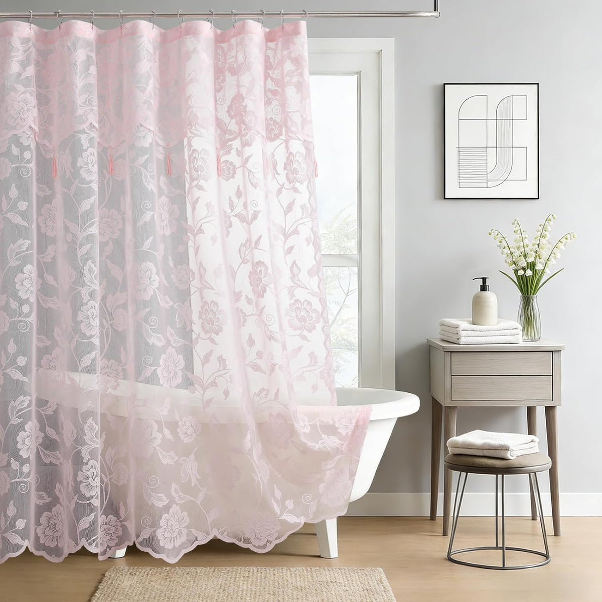 Pink Lace Shower Curtain with Tassels,Luxury Floral Sheer Romantic Bath Curtains for The Bathroom,72" W x 72" H
