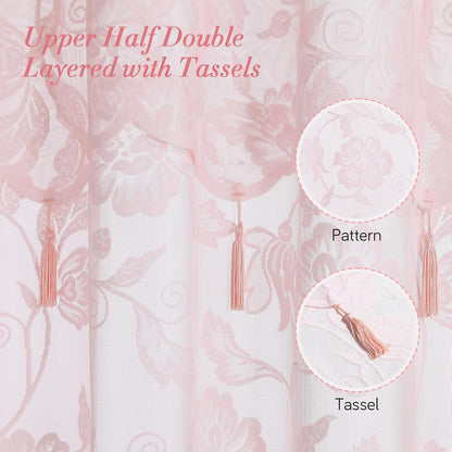 Pink Lace Shower Curtain with Tassels,Luxury Floral Sheer Romantic Bath Curtains for The Bathroom,72" W x 72" H