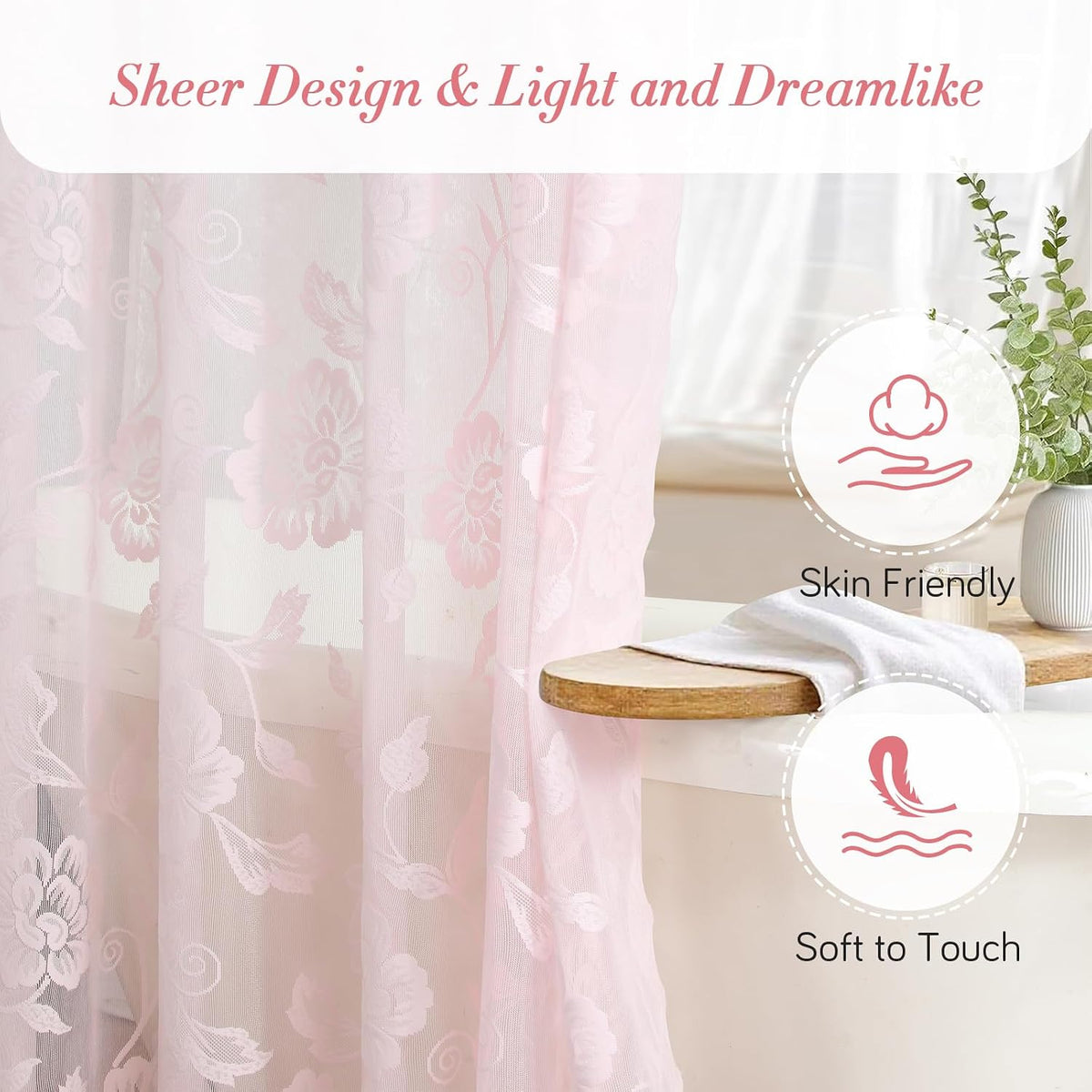 Pink Lace Shower Curtain with Tassels,Luxury Floral Sheer Romantic Bath Curtains for The Bathroom,72" W x 72" H