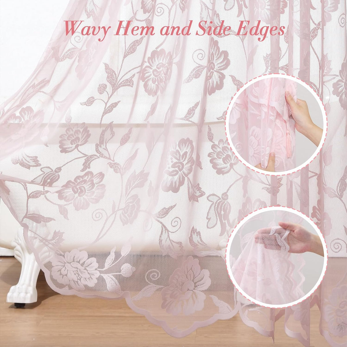 Pink Lace Shower Curtain with Tassels,Luxury Floral Sheer Romantic Bath Curtains for The Bathroom,72" W x 72" H