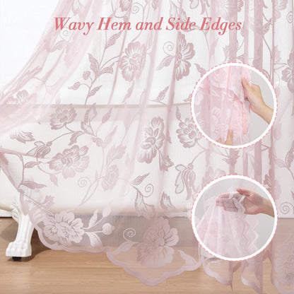 Pink Lace Shower Curtain with Tassels,Luxury Floral Sheer Romantic Bath Curtains for The Bathroom,72" W x 72" H