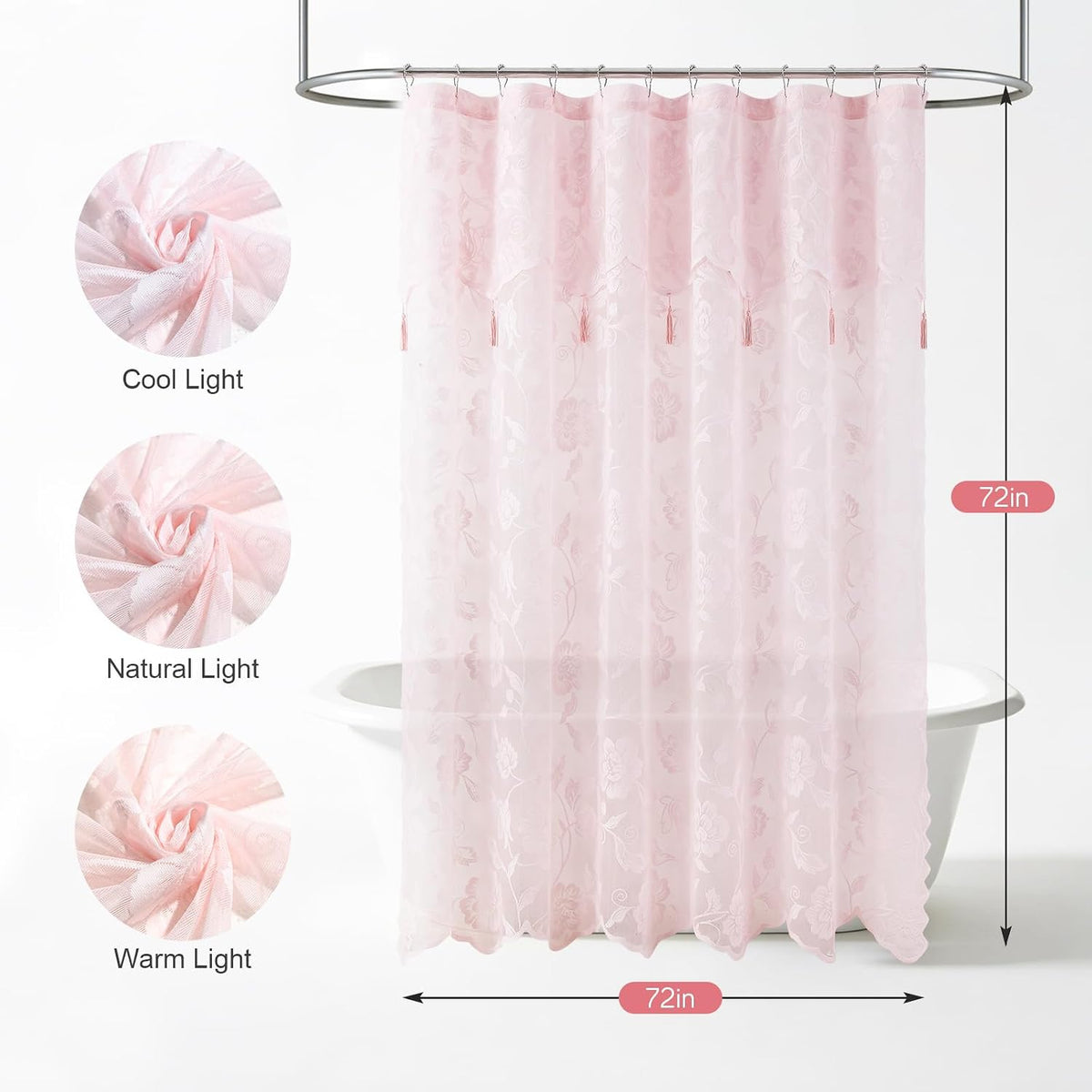Pink Lace Shower Curtain with Tassels,Luxury Floral Sheer Romantic Bath Curtains for The Bathroom,72" W x 72" H