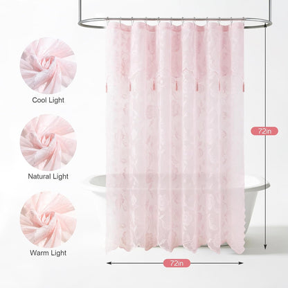 Pink Lace Shower Curtain with Tassels,Luxury Floral Sheer Romantic Bath Curtains for The Bathroom,72" W x 72" H