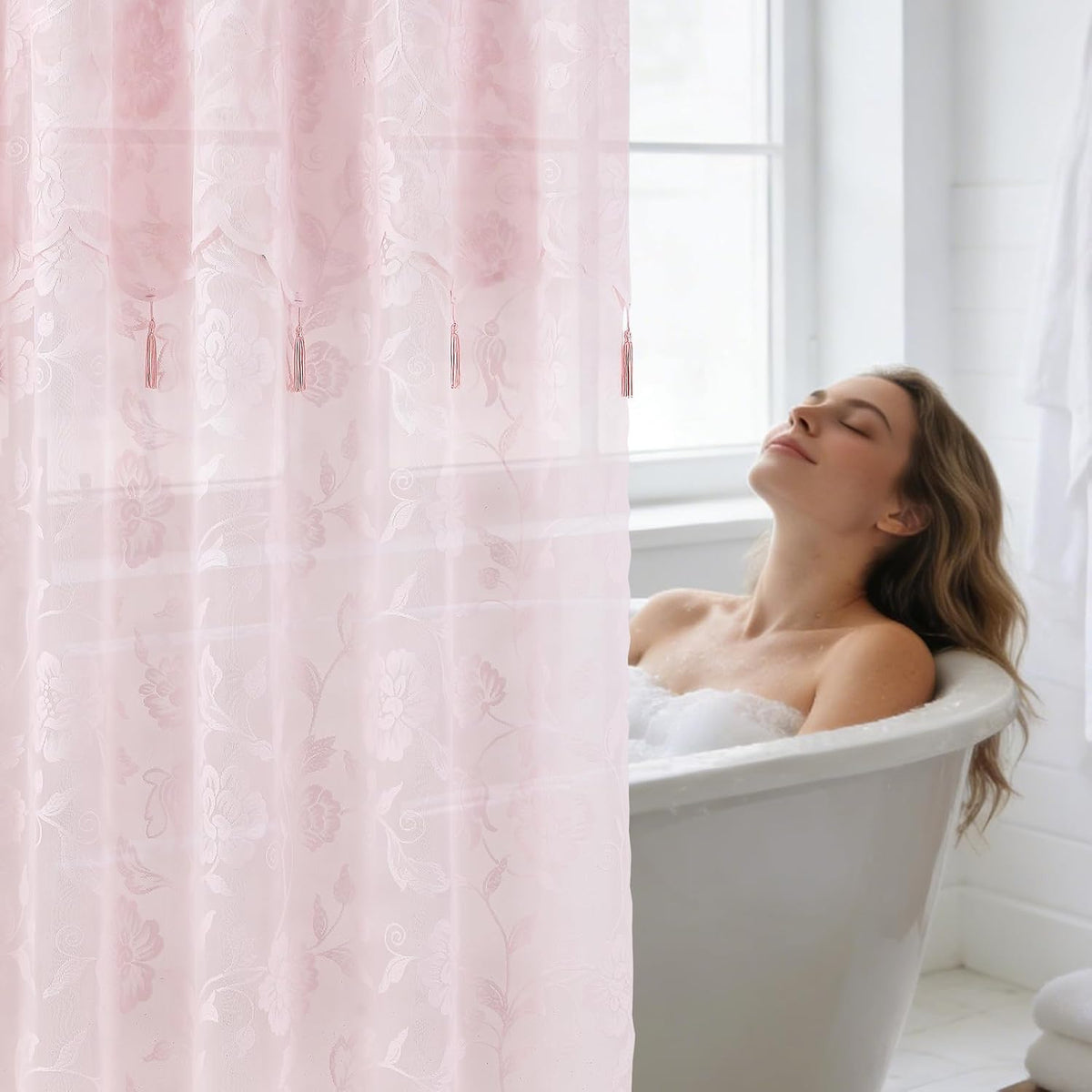 Pink Lace Shower Curtain with Tassels,Luxury Floral Sheer Romantic Bath Curtains for The Bathroom,72" W x 72" H