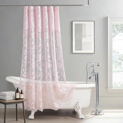 Pink Lace Shower Curtain with Tassels,Luxury Floral Sheer Romantic Bath Curtains for The Bathroom,72" W x 72" H