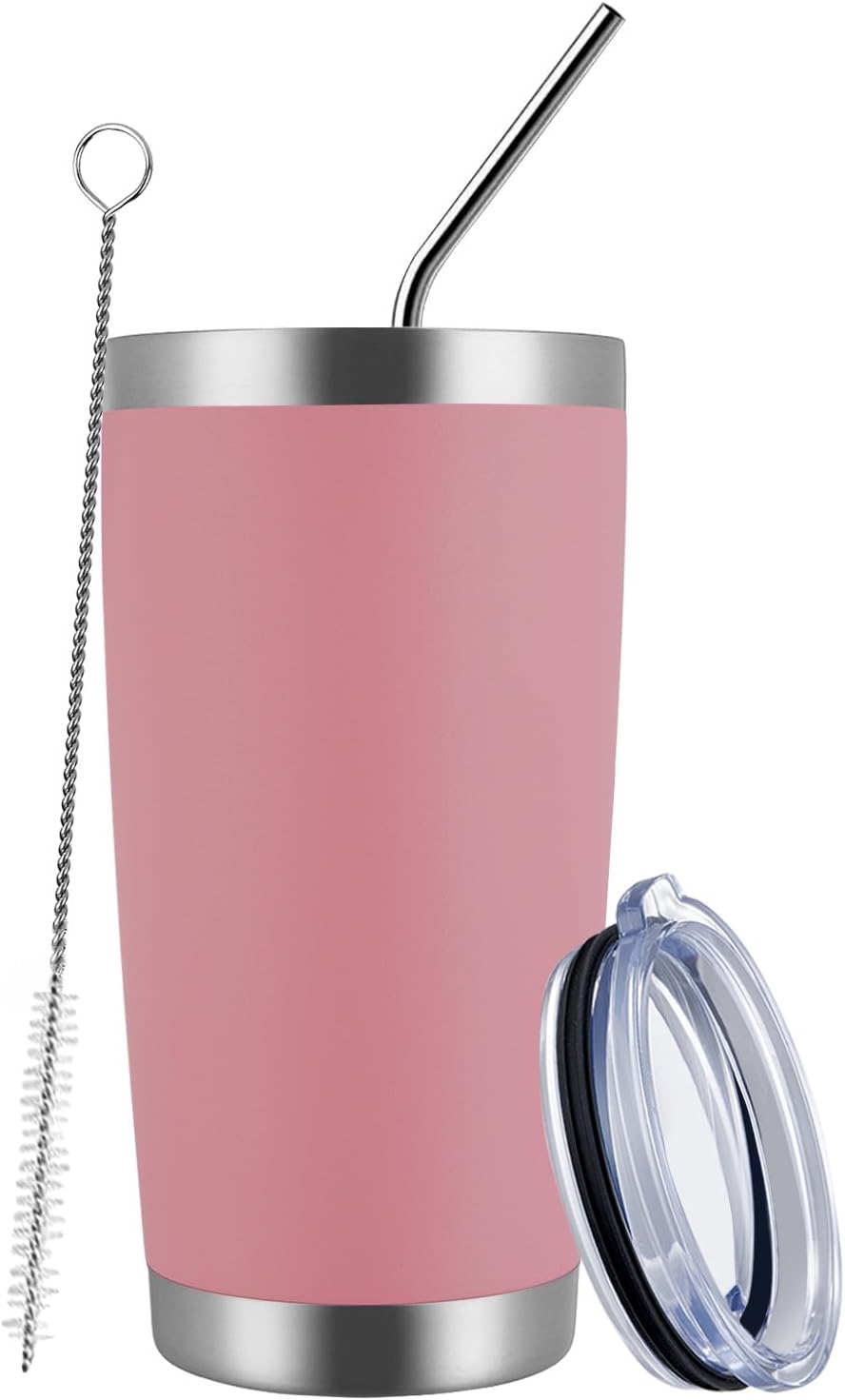 20oz Tumbler Cup Double Wall Vacuum Insulated Travel Mug Bulk, Stainless Steel Tumblers with Lid and Straw, Durable Powder Coated Coffee Cups for Cold & Hot Drinks (Pink, 1)