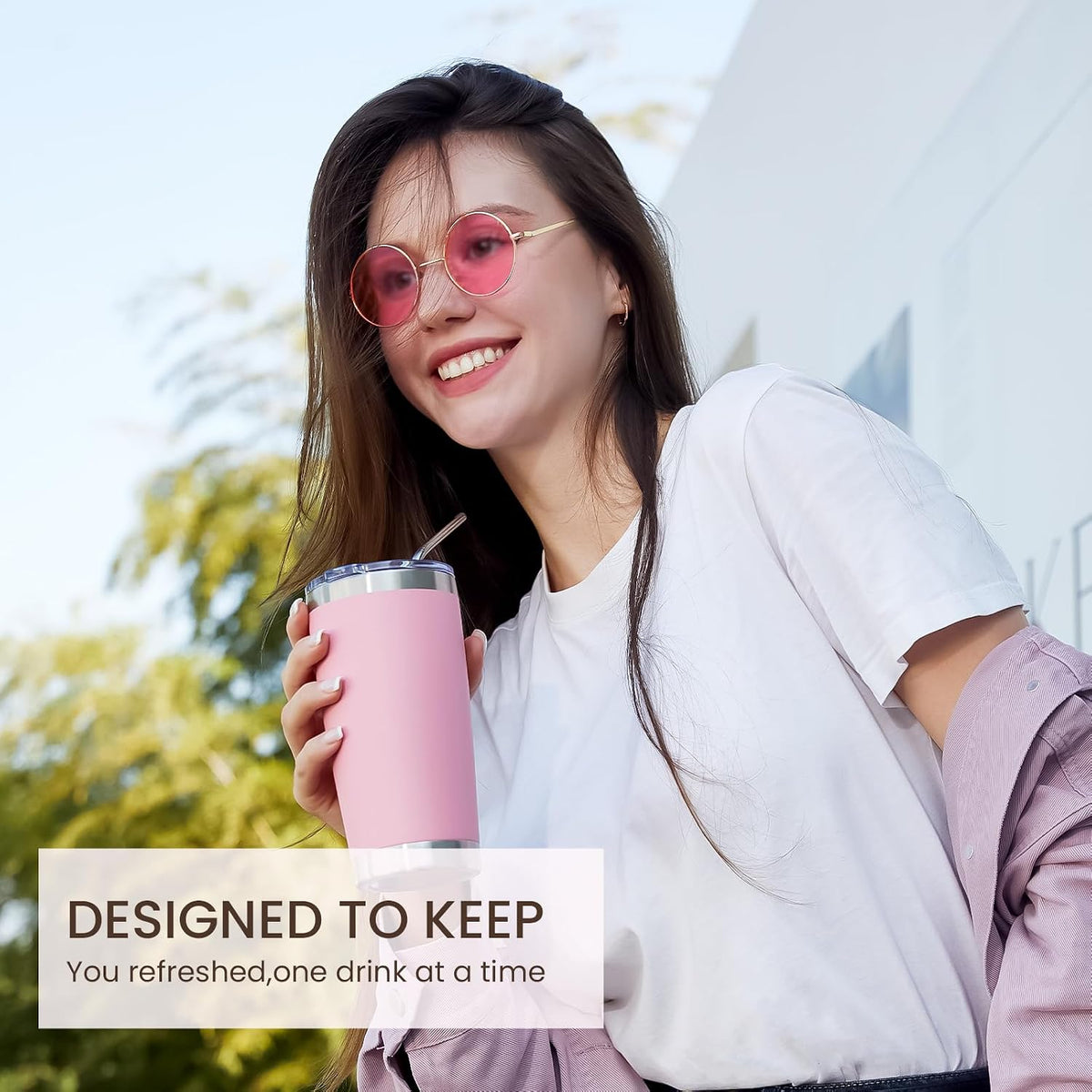 20oz Tumbler Cup Double Wall Vacuum Insulated Travel Mug Bulk, Stainless Steel Tumblers with Lid and Straw, Durable Powder Coated Coffee Cups for Cold & Hot Drinks (Pink, 1)