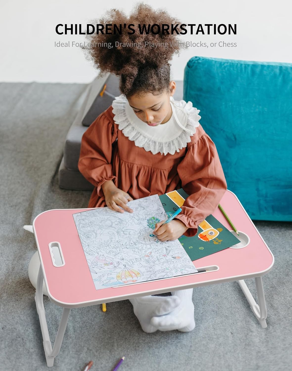 Laptop Bed Desk, Foldable Lap Desk, Portable Lap Table, Laptop Stand with Cup Holder, Tablet Slot & Lifting Handle for Work, Write, Draw & Eat on Bed, Sofa or Couch - Pink