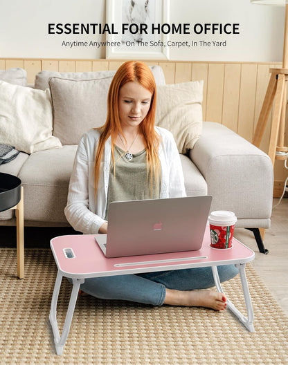 Laptop Bed Desk, Foldable Lap Desk, Portable Lap Table, Laptop Stand with Cup Holder, Tablet Slot & Lifting Handle for Work, Write, Draw & Eat on Bed, Sofa or Couch - Pink
