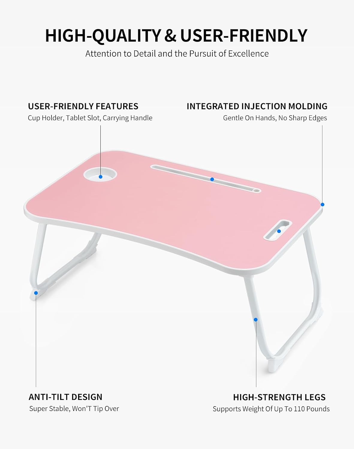 Laptop Bed Desk, Foldable Lap Desk, Portable Lap Table, Laptop Stand with Cup Holder, Tablet Slot & Lifting Handle for Work, Write, Draw & Eat on Bed, Sofa or Couch - Pink