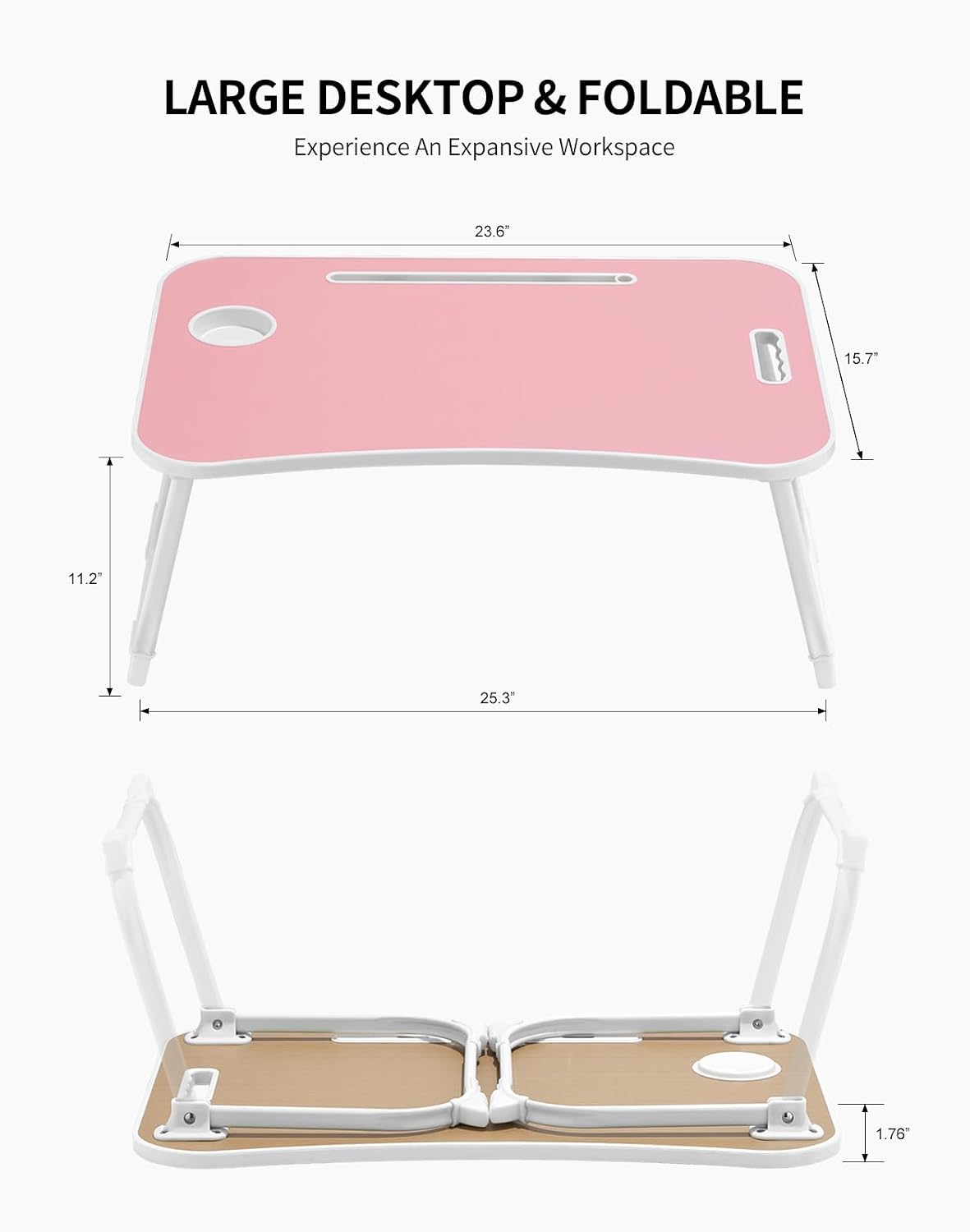 Laptop Bed Desk, Foldable Lap Desk, Portable Lap Table, Laptop Stand with Cup Holder, Tablet Slot & Lifting Handle for Work, Write, Draw & Eat on Bed, Sofa or Couch - Pink