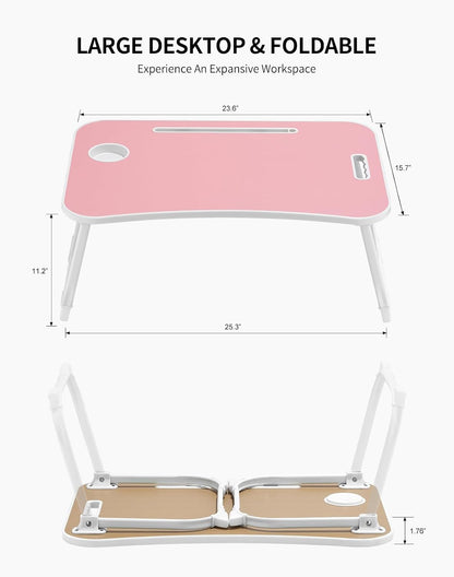 Laptop Bed Desk, Foldable Lap Desk, Portable Lap Table, Laptop Stand with Cup Holder, Tablet Slot & Lifting Handle for Work, Write, Draw & Eat on Bed, Sofa or Couch - Pink
